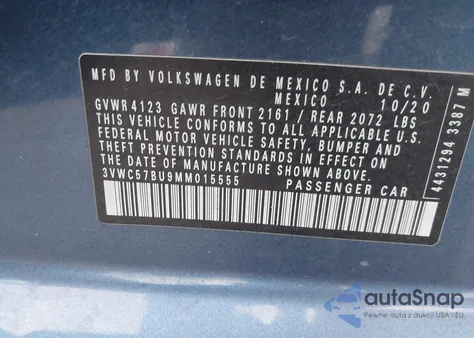 2021 Volkswagen Jetta 1.4T R-Line/1.4T S/1.4T Se z USA, uszkodzony, nr VIN 3VWC57BU9MM015555